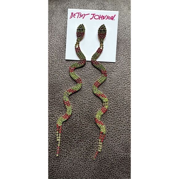 Betsy Johnson whimsical snake linear drop earrings, made with cut glass and gems - Picture 1 of 11